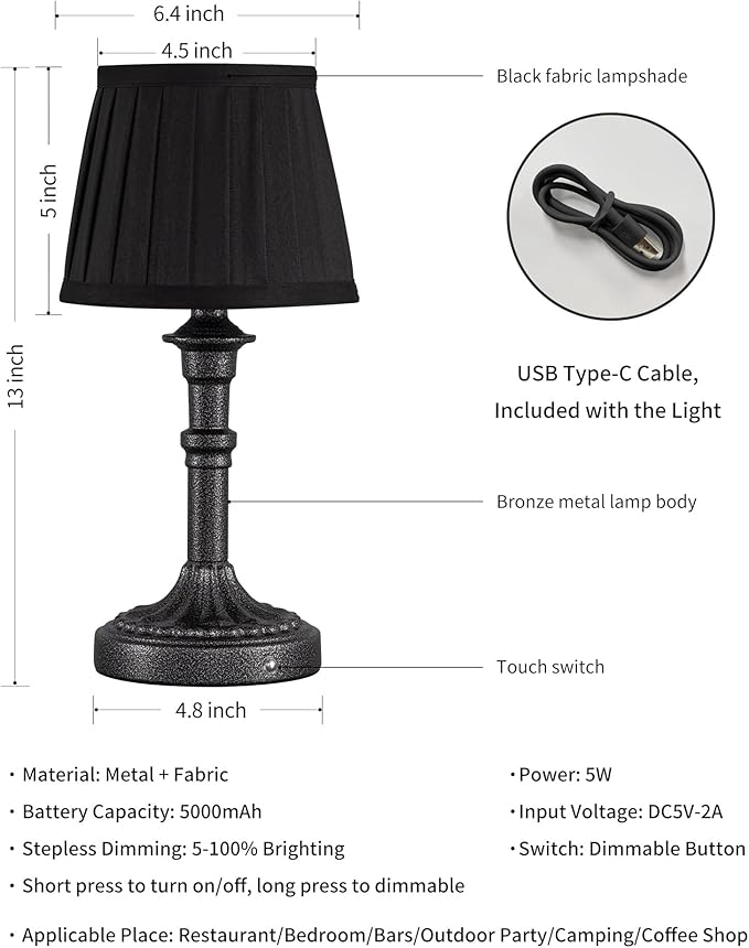 KDG Cordless Portables Table Lamp Set of 2, LED Fabric Shade Small Desk Lamps, 5000mAh Battery Powered Lighting, 2700K Stepless Dimmable Light for Living Room, Dining Room, Bedroom (Mottled Silver)