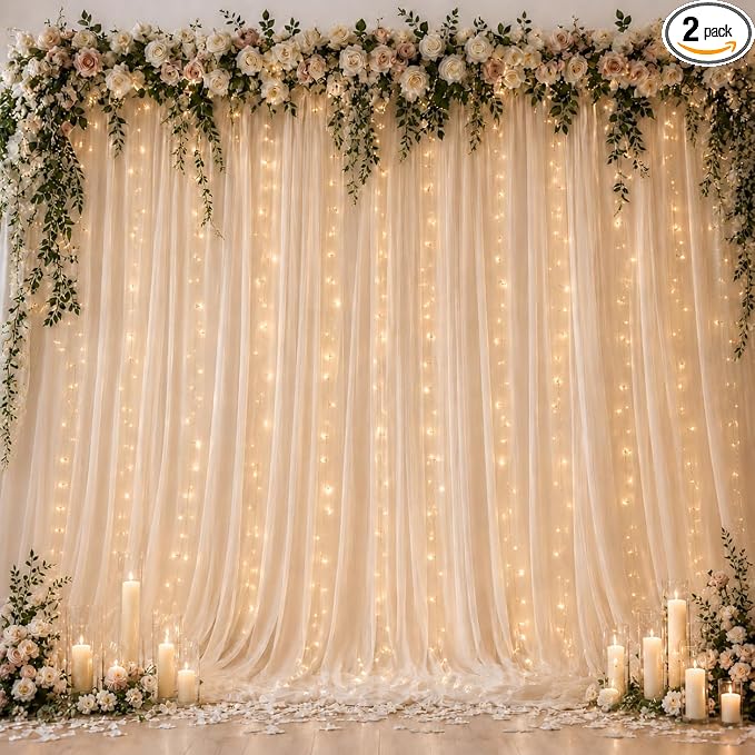 Ledido 10×8ft Champagne Tulle Backdrop Curtain with Lights String - 300LED Fairy Light Sheer Curtain Backdrop for Wedding Baby Shower Photo Shoot Birthday Party Decor(2 Panels 5×8ft)，Champagne