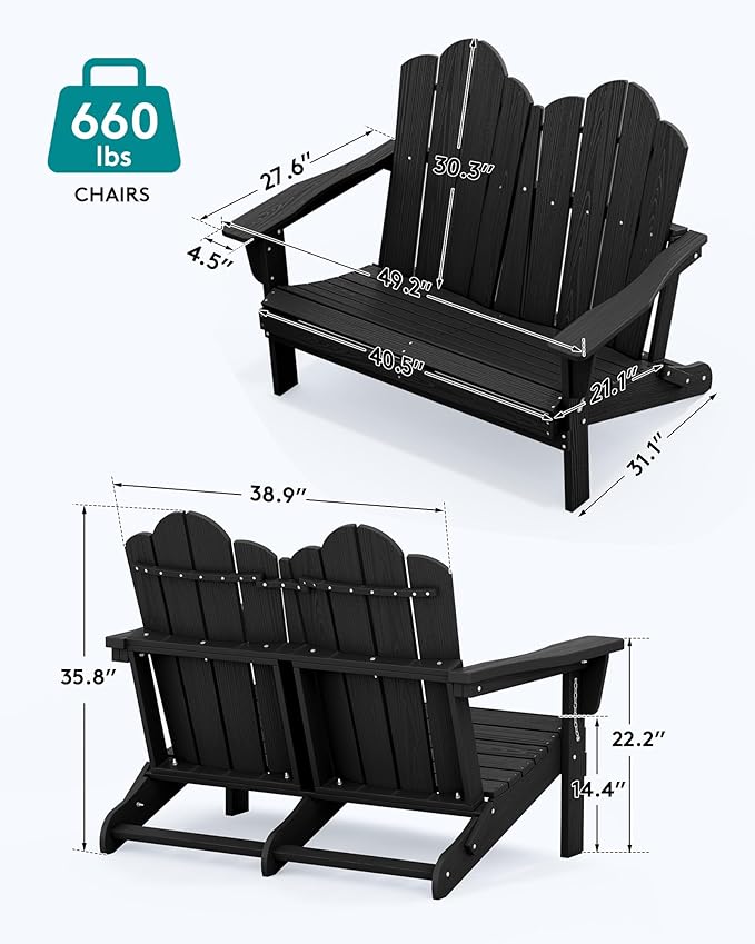 SERWALL 2 Person Adirondack Loveseat, HDPE All-Weather Folding Adirondack Bench Chair, Outdoor Adirondack Chair Set of 4, Black