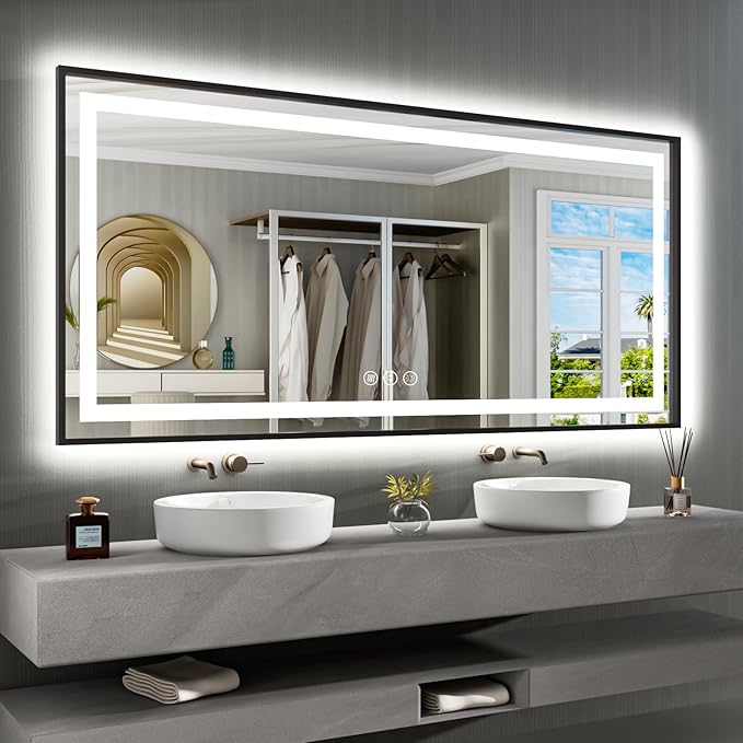 Amorho LED Bathroom Mirror Black Framed 72"X36", Front Light and Backlit, Stepless Dimmable, Anti-Fog, Shatter-Proof, Memory, 3 Colors, Double LED Vanity Mirror