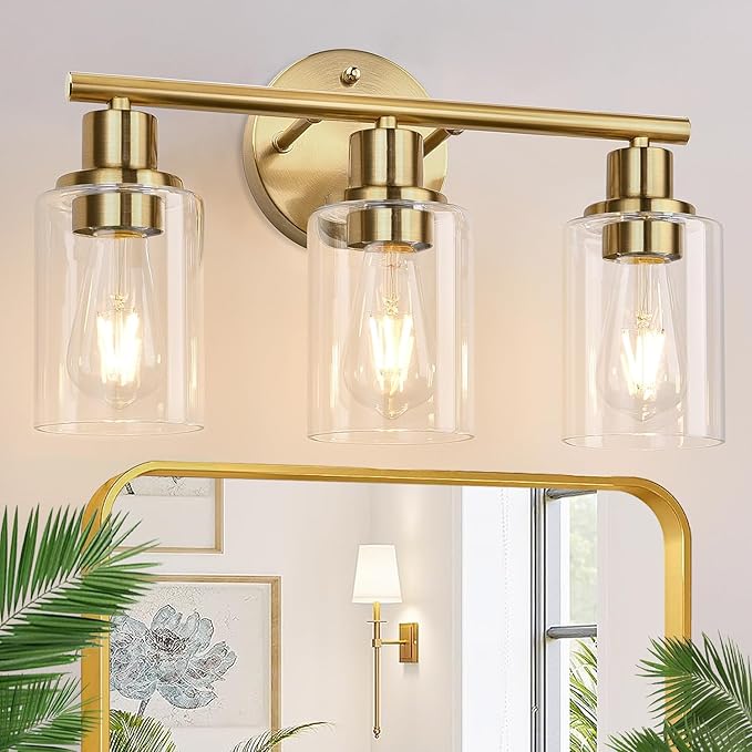 3-Light Gold Bathroom Light Fixtures, Modern Bathroom Vanity Light with Clear Glass Shade, Brushed Gold Bath Wall Mount Lights, Wall Lamp for Mirror Kitchen Bedroom Hallway Living Room Hallway