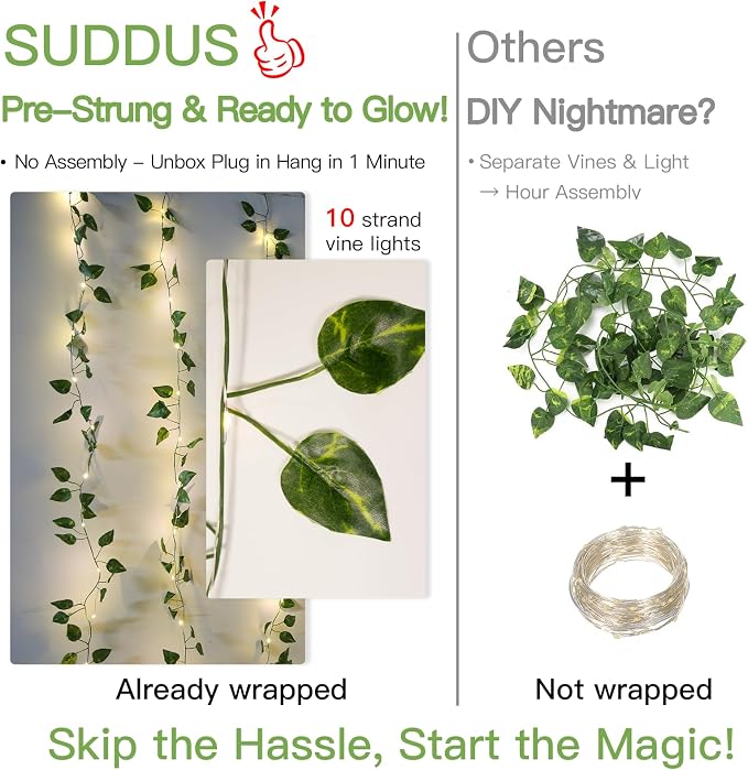 suddus 200 LED Vine with Light Plug in, 6.5ft x 6.5ft Pothos Fairy Curtain Lights with Remote, Leaf Fairy Lights for Wall,Bedroom, Dorm, Wedding, Party, Indoor Decor(Warm White)