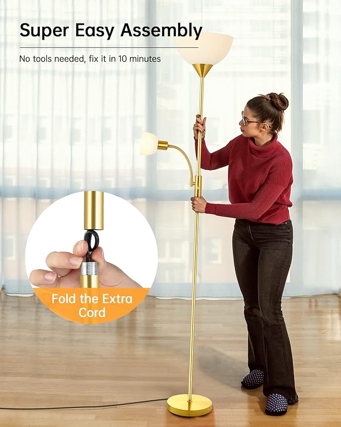 Torchiere Floor Lamps, LED Standing Lamp, 71" Tall Torch Floor Lamps with Reading Light, 3 Way Rotary Switch, White Plastic Shade,Bright Gold Modern Corner Lamp for Living Room Bedroom Office(No Bulb)