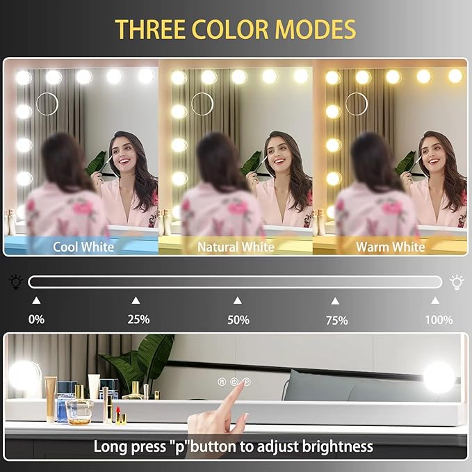 Vanity Mirror with Lights, 15 Dimmable LED Bulbs Large Hollyhood Makeup Mirror, Light up Mirror with 10X Magnification and USB Charging Port, Smart Touch 3 Colors, Metal Frame