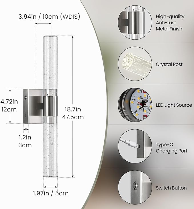 Wireless Wall Sconces Set of Two Battery Operated, 4000K Dimmable Crystal LED Bathroom Sconces Wall Lighting Modern Indoor Nickel Wall Lights for Bedroom Living Room