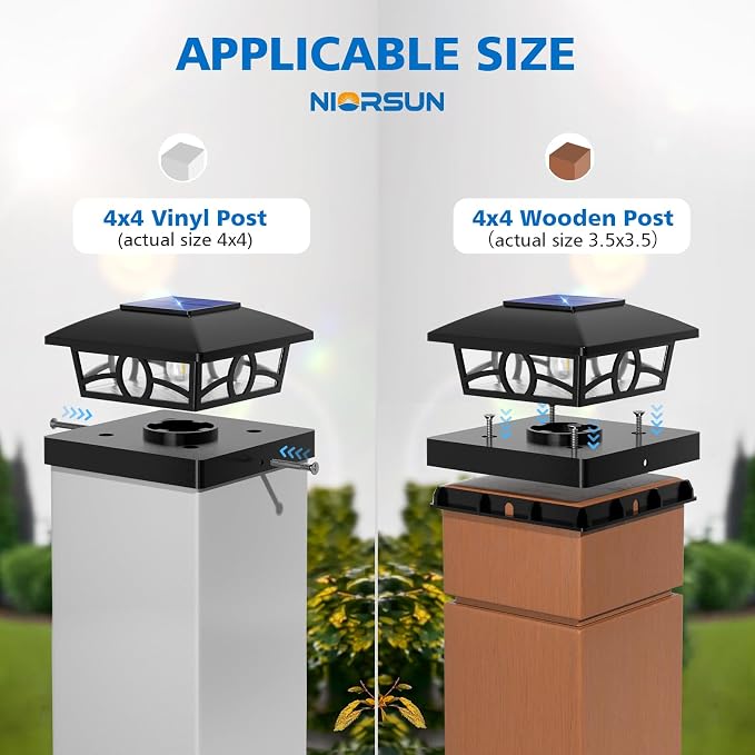 NIORSUN Solar Post Lights Outdoor, Fence Post Solar Lights Warm White Outdoor Waterproof Edison LED Bulbs Garden Patio Fence Deck Decor, Post Cap Lights 4x4 Wood Vinyl, Black 8 Pack