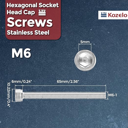 Kozelo 10pcs Socket Head Cap Screws - [M6-1 x 65mm] 304 Stainless Steel Allen Socket Drive for Electrical Motor 3D Printing Fan Engine Replacement Use, Silver