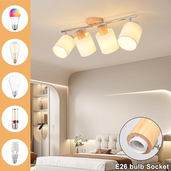 LED 4 Light Track Lighting Kit, Wooden Ceiling Spotlights with Fabric Shades, Modern Track Light Fixture with Flexibly Rotatable Light Heads for Kitchen, Living Room, Bedroom(E26 Socket, NO Bulb)