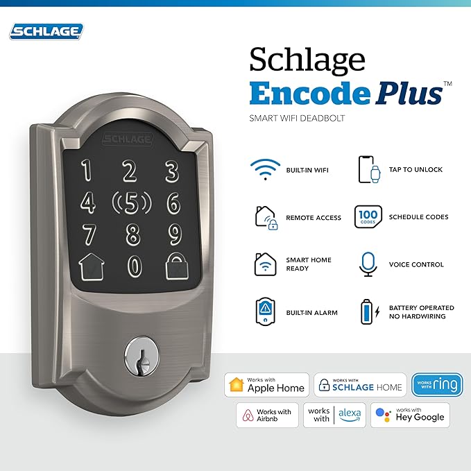 Schlage BE499WB CAM 619 Encode Plus WiFi Deadbolt Smart Lock, Keyless Entry Touchscreen Door Lock with Camelot Trim, Satin Nickel