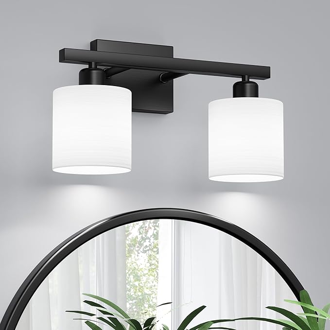 PARTPHONER Bathroom Light Fixtures, Bathroom Lighting Fixtures Over Mirror, Interior Classic Vanity Lights, Modern Vanity Light with Textured White Glass Shade, Matte Black, 2-Light