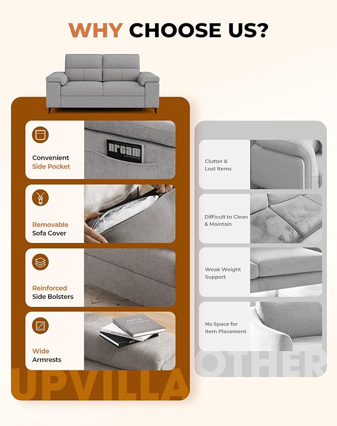 71.25" Modern Couches for Living Room, Deep Seat Sofa with 8” Cushion, Comfy 2-Seater Chenille Loveseat with Convertible Armrest, Removable Sofa Cover, High Leg(Light Gray)
