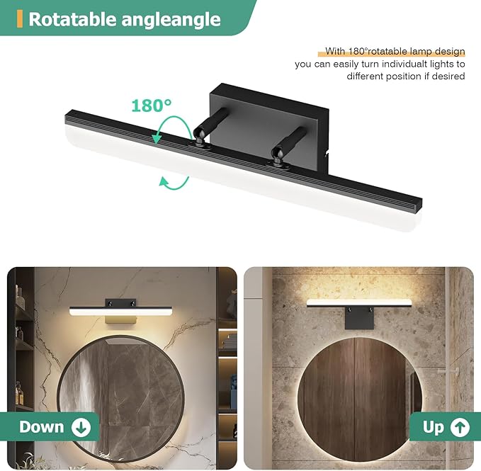 15.7" Black LED Bathroom Vanity Light 5CCT–Dimmable Wall Mount Fixture with Adjustable Angle, Modern Lighting for Powder Room, Vanity Mirror Home & Apartment Use