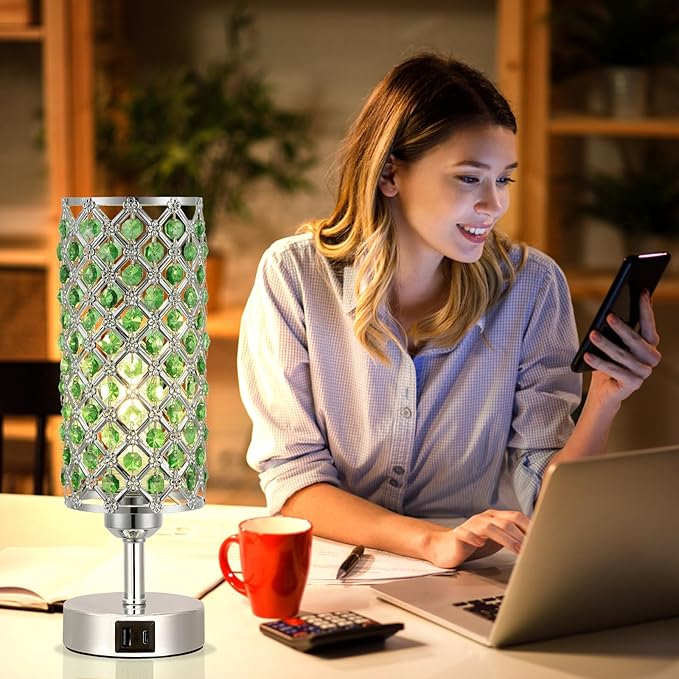 Hong-in Green Crystal Table Lamp - 3-Way Dimmable Touch Control, Bedside Lamp with USB C and A Ports, Nightstand Light for Living Room, Bedroom, Home Office (Bulb Included)