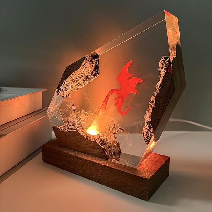 Epoxy Fire Dragon Resin Lamp, Handmade Resin Night Light with USB Port, Multi-Color LED Light, Ideal Home Bedroom Decor, Unique Birthday Holiday Gifts for Father Men Husband Boyfriend Him (10"x6")