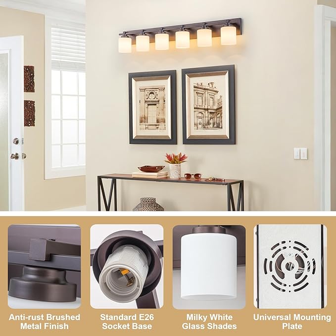 6 Light Modern Bathroom Light Fixtures Over Mirror, Bronze Finish Vanity Lights for Bathroom Wall Sconces with Milky White Glass Shades, E26 Socket (Bulbs Not Included)