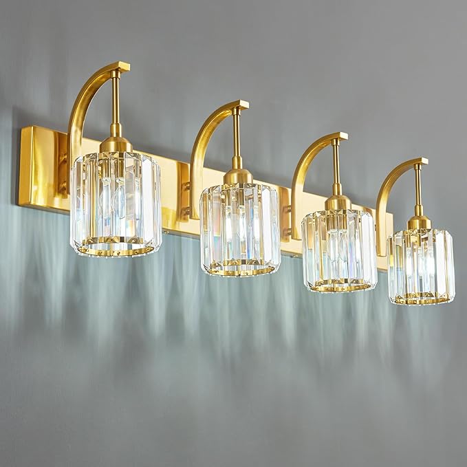 4-Light Crystal Vanity Light, Modern Gold Bathroom Wall Sconce with K9 Crystal Shades, 32.67" Long Over Mirror Lighting for Vanity, Makeup, Hallway, Elegant & Easy Install