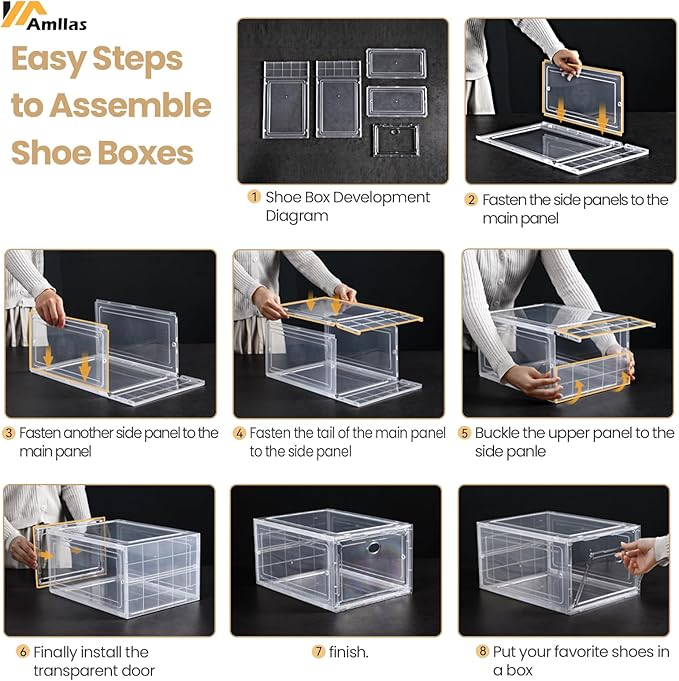 12 Pack Clear Shoe Boxes Stackable,Shoe Storage Boxes for Closet,Sturdy Shoe Box Storage Containers with Clear Door,Sneaker Storage,Easy to Assemble,Fit up to US Size 12(13.8”x 9.84”x 7.1”)