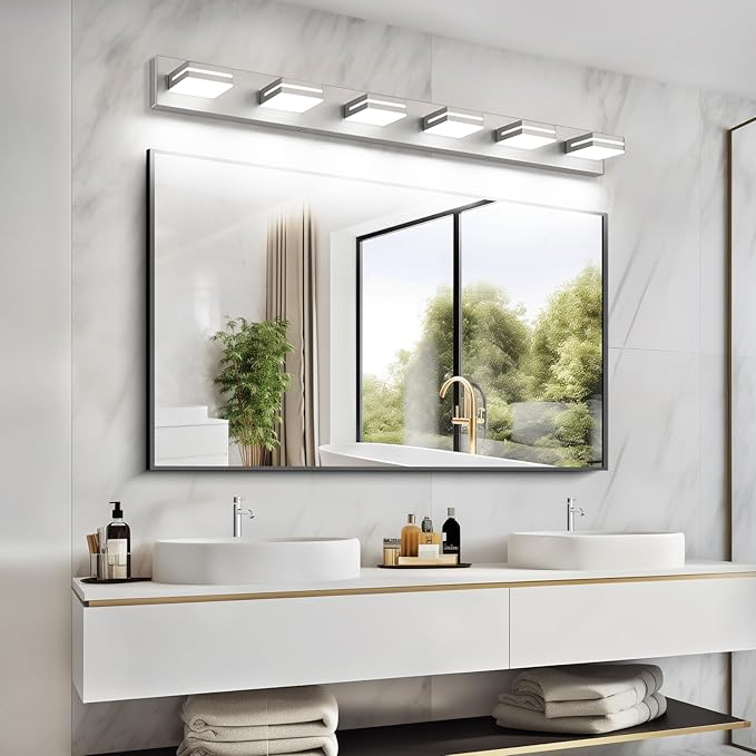 SineRise LED Modern Bathroom Vanity Light Fixtures (6-Light, 48-Inch, Dimmable), Brushed Nickel Modern Acrylic Bathroom Wall Lighting Fixtures Over Mirror (Cool White 6000K)
