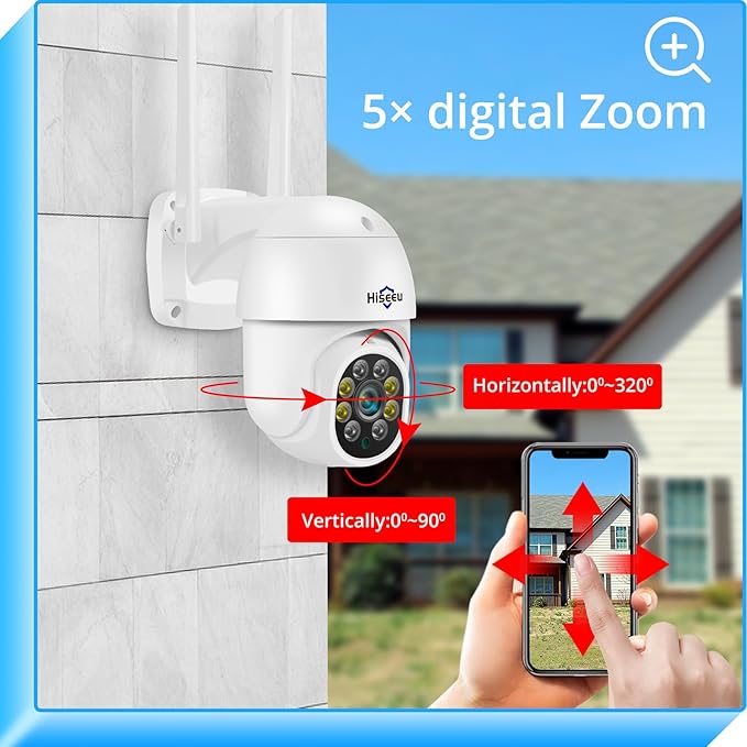 Hiseeu 3MP 360° Pan Tilt Camera WiFi Security Camera Outdoor Motion Tracking Floodlights Light Alarm,Color Night Vision,PC Mobile Remote View,Two-Way Audio Security