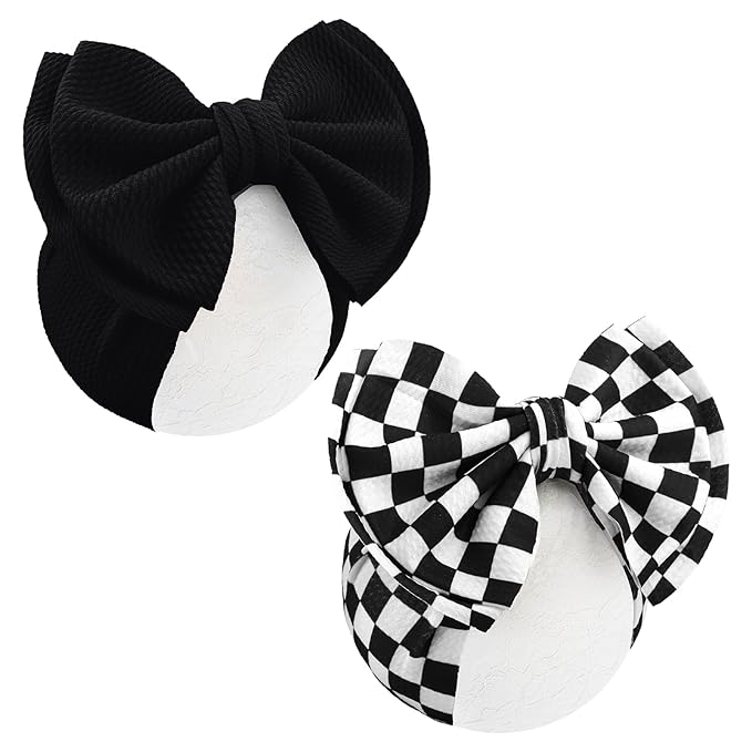 YanJie 2PCS 7’’ Black Bows for Baby Girls Checkered Headband Double Layered Bow Infants Toddler Hair Accessories Newborn Headbands Baby Clothes