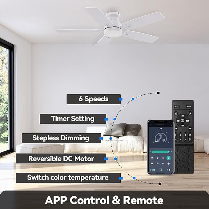 SUNMORY 42" Ceiling Fans with Lights and Remote/APP Control, Low Profile Ceiling Fan with Light, Reversible, Quiet 6 Speeds, Dimmable, Flush Mount Ceiling fan for Bedroom Indoor/Outdoor Use White