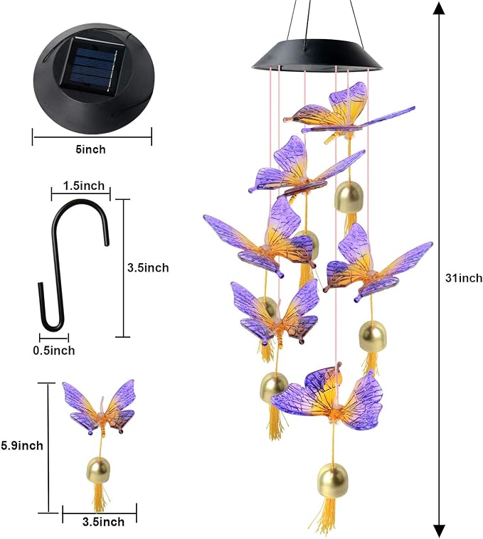 JOBOSI Butterfly Decorative Mobiles Gifts, Solar Wind Chimes, Mothers Day Wind Chime Gifts for mom, Women, Grandmother, Thanksgiving Gift, Mom Best Gift