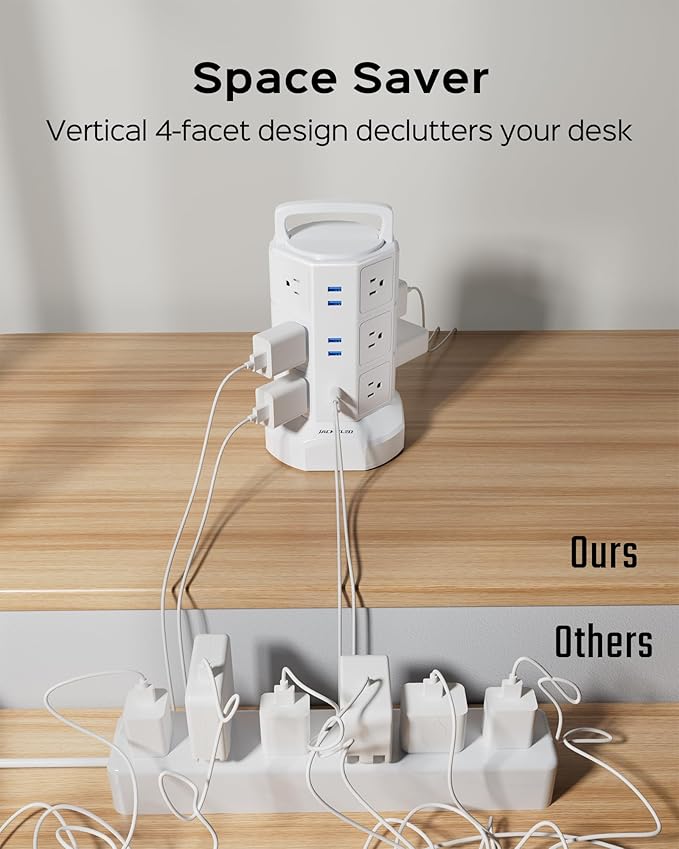 Power Strip Tower Surge Protector, JACKYLED 12 Outlets 6 USB (2 USB C) Charging Station, Extension Cord with Multiple Outlets, 1050J 1625W/13A Outlet Extender 6.5ft Extension Cord for Home Office