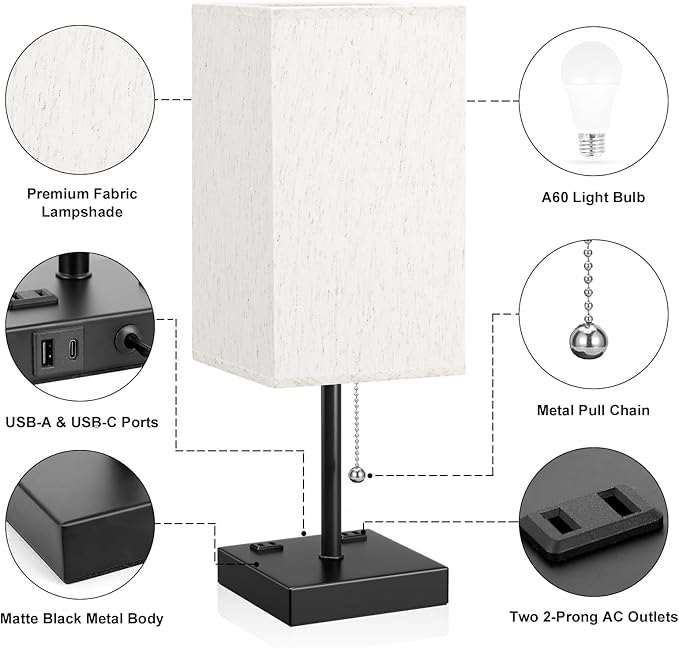 aooshine Medium Table Lamp with USB Ports - 3 Color Temperature Bedside Lamp for Bedroom, Pull Chain Control, USB A and C Ports, 2 AC Outlets, Bulb Included