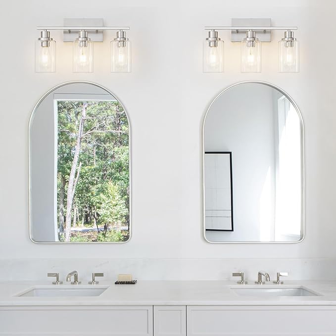 3 Light Bathroom Light Fixtures Brushed Nickel Vanity Light Over Mirror Modern Farmhouse Wall Lighting Sconces Wall Lamp for Bathroom, Bedroom, Living Room E26 Socket with Glass Shade