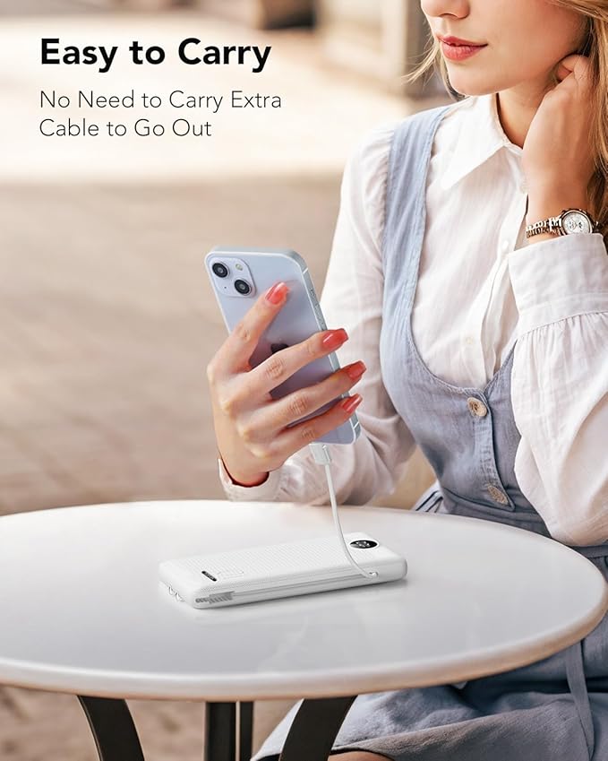 VRURC Portable Charger with Cables and Wall Plug | Power Bank with Cords | 10000mAh Portable Charger with AC Plug | External Battery Pack (Pure White)