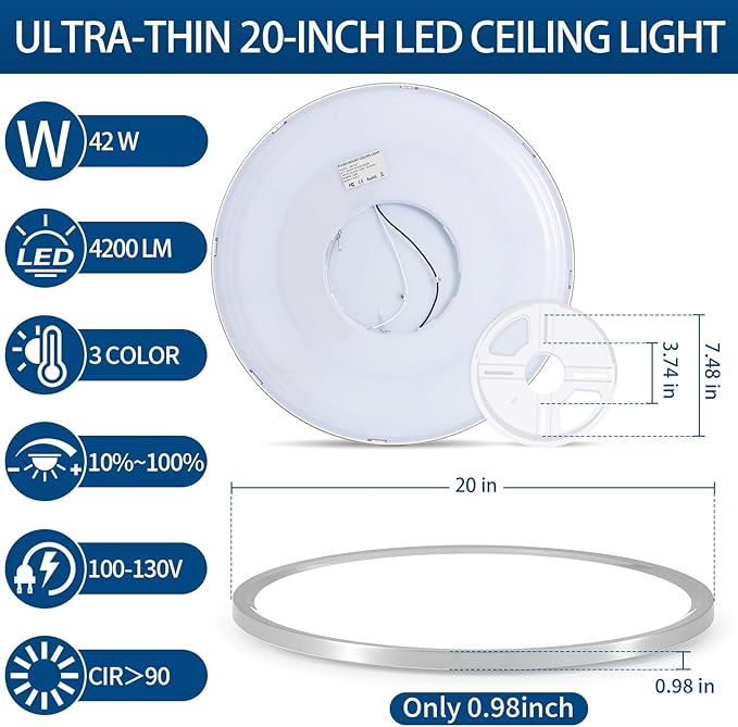 20'' Led Flush Mount Ceiling Light Fixture, 42W 4200LM, Dimmable & 3000K/4000K/6500K Selectable, Modern Ceiling Lamp for Dining Room, Kitchen, Bedroom, Office, Hotel, Wired