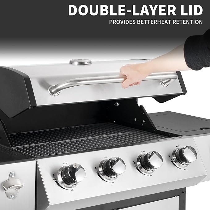 4-Burner Propane Gas BBQ Grill with Side Burner, Barbecue Gas Grill with Enameled Cast Iron Grates for Outdoor Patio Garden Barbecue, 53,000 BTU, Stainless Steel Grill Cover included
