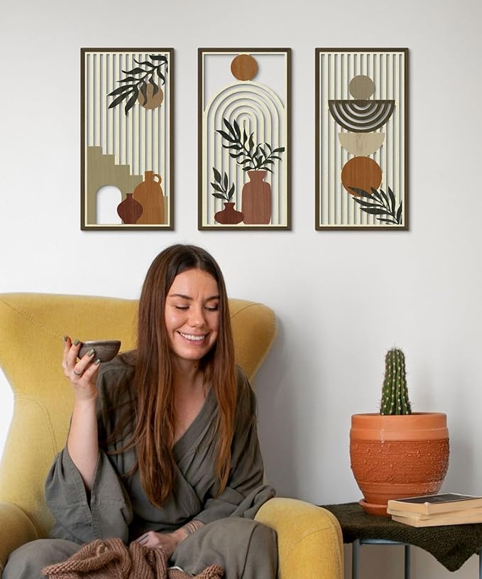 Putuo Decor Boho Wall Art Set of 3, Abstract Geometric Wooden Wall Decor, Mid-Century Modern Aesthetic Artwork with Arch, Vase & Botanical Design for Living Room, Bedroom, Office, 16.5 x 8.6 Inch