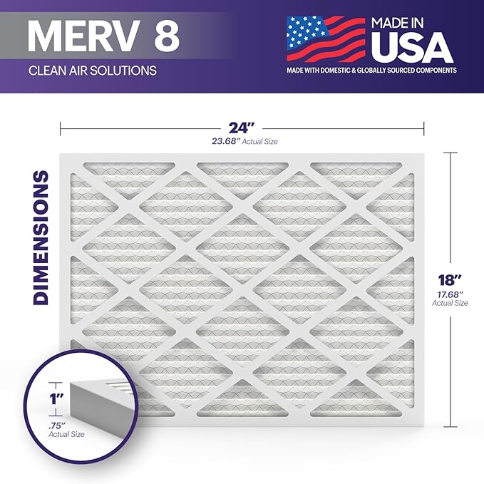 BNX TruFilter 18x24x1 Air Filter MERV 8 (6-Pack) - MADE IN USA – Dust & Pet Defense Electrostatic Pleated Air Conditioner HVAC AC Furnace Filters for Dust, Pet, Mold, Pollen MPR 600 – 700 & FPR 5