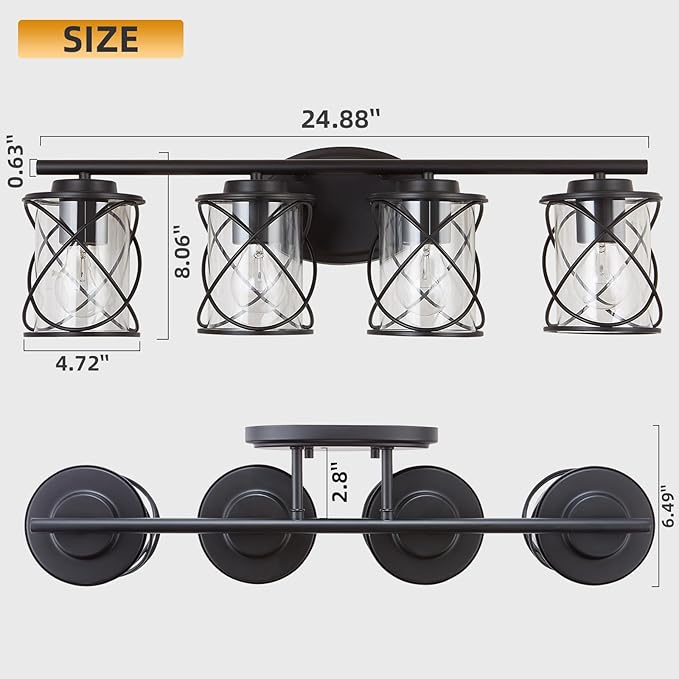 4-Lights Bathroom Light Fixtures, Matte Black Modern Vanity Light Over Mirror, Bathroom Wall Lamp for Mirror Kitchen Living Room Hallway Porch, Farmhouse Wall Lights with Clear Glass Cage Shade