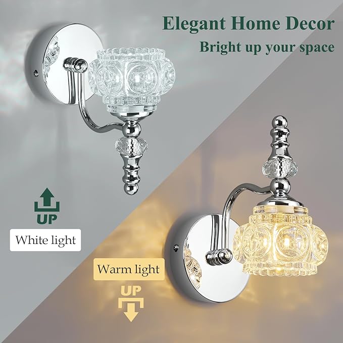 Modern Wall Sconces Set of Two Indoor Lamp Chrome Vintage Glass Light Bathroom Vanity Fixture Wall-Mounted Room Lighting