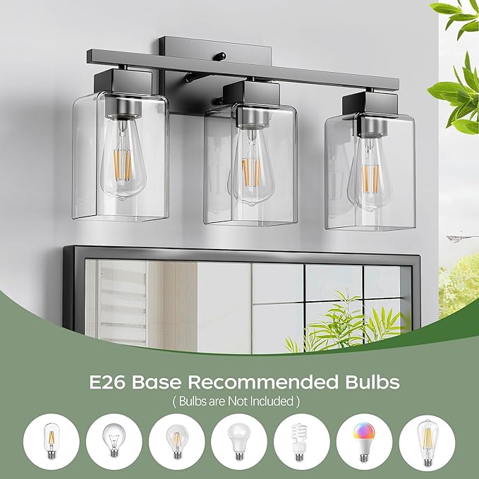 PARTPHONER 3-Light Bathroom Light Fixtures, Matte Black Modern Vanity Lights, Bathroom Lighting Fixtures Over Mirror, Square Design Farmhouse Wall Sconces with Clear Glass Shades