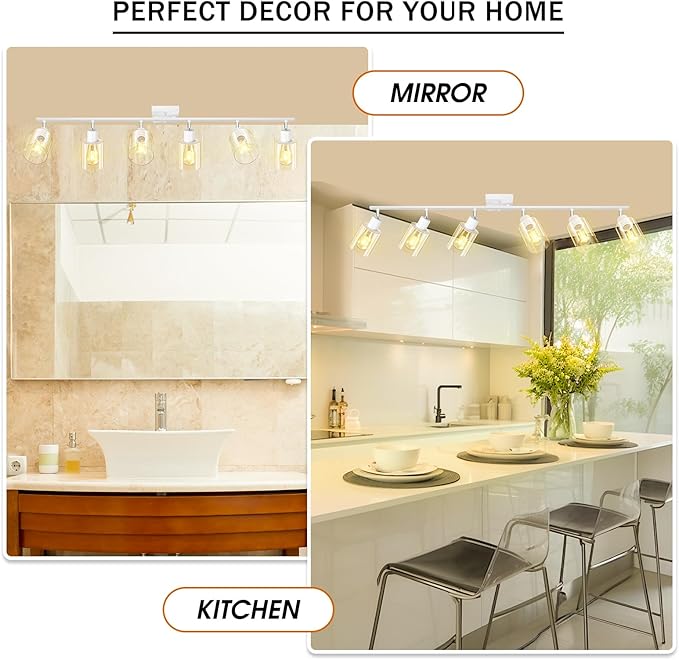 Track Lighting Fixtures Ceiling, 6-Light Track Light with Clear Glass Shade, 45" Modern Kitchen Lighting Ceiling with Rotatable Track Head, White Wall Light for Vanity Hallway Bedroom(E26, No Bulb)