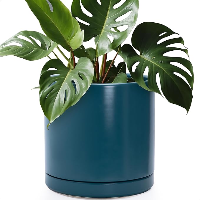 D'vine Dev 12 Inch Ceramic Planter Pot with Drainage Hole and Saucer, Indoor Cylinder Round Planter Pot, Teal, 94-O-F-9