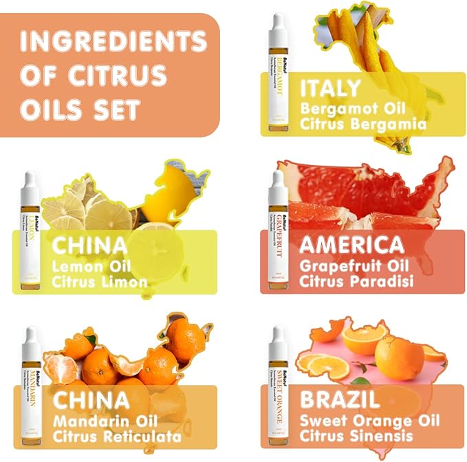 Citrus Essential Oil Set for Diffuser, Natural Fruity Fragrance Blends Gift for Home, Fresh Scent Aromatherapy Oils (Lemon, Sweet Orange, Grapefruit, Bergamot, Mandarin) 5 Packs