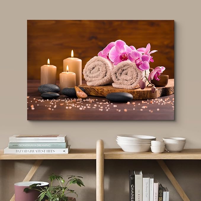 wall26 Canvas Print Wall Art Meditation Orchid Flower Massage Stones Zen Candles Nature Wilderness Photography Realism Rustic Landscape Colorful Multicolor for Living Room, Bedroom, Bathroom - 12"x18"