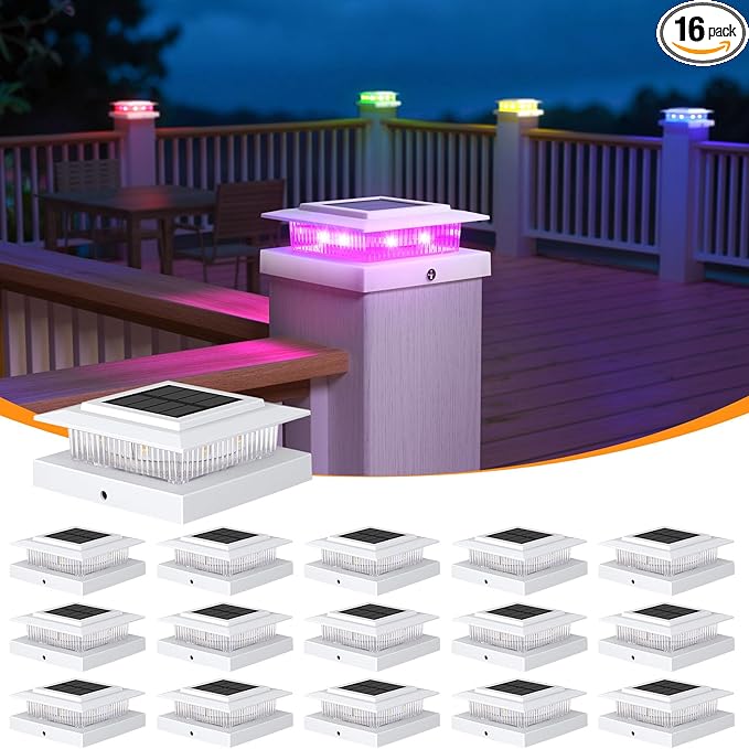 APONUO 16 Pack Solar Post Cap Lights RGB Color Changing - 8 Solid Colors & Flowing Multicolor, IP65 Waterproof for 4x4 Wood/Vinyl Posts, Auto On/Off Deck Fence Patio Garden Lighting, White