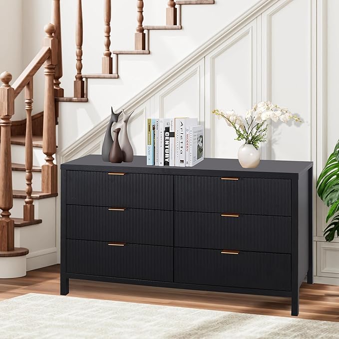 Fluted 6 Drawer Double Dresser for Bedroom, 47" Wide Modern Closet Dressers Chest of Drawers, Wood Storage Dresser Organizer for Nursery Bedroom Living Room Hallway Closet, Black