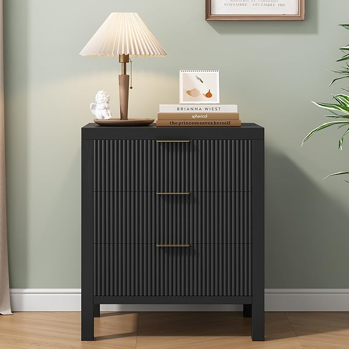 End Table with Storage, Wooden Farmhouse Nightstands with 3 Drawers, Bedside Table - Boho Tall Side Table Accent for Bedroom, Living Room, Black
