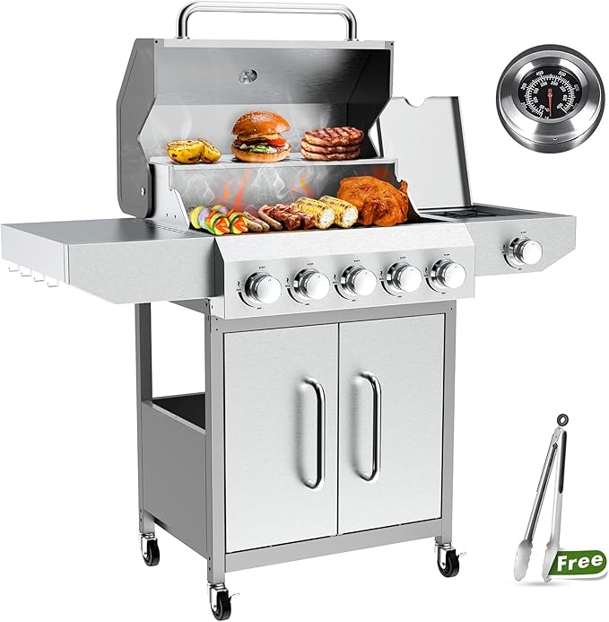 BESTFIRE 68,000 BTU 5+1 Burner Propane Grill - Stainless Steel BBQ with 647 sq in UPGRADED OIL-DRAIN Plates, Cast Iron Grates, Side Burner + FREE Food Clip for Outdoor Cooking