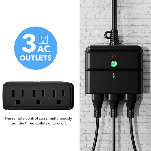 BN-LINK Outdoor Indoor Wireless Remote Control 3-Prong Outlet Weather Proof Heavy Duty 15 AMP Compact (Black) 3 Grounded Outlets with Remote 6-inch Cord 100ft Range ETL Listed