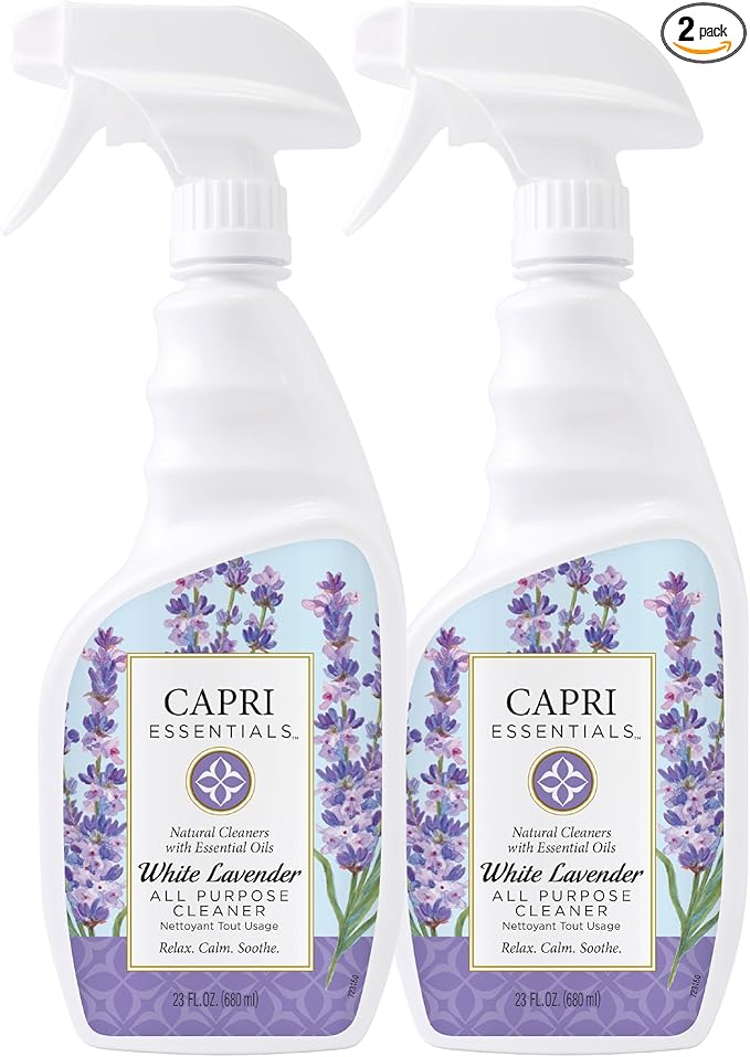 CAPRI ESSENTIALS All Purpose Cleaner, Natural Household Cleaning Supplies, Plant Based Kitchen Counter Surface Spray, Removes Dirt & Grime, Blend of Essential Oils, White Lavender, 23 FL Oz (2 Pack)