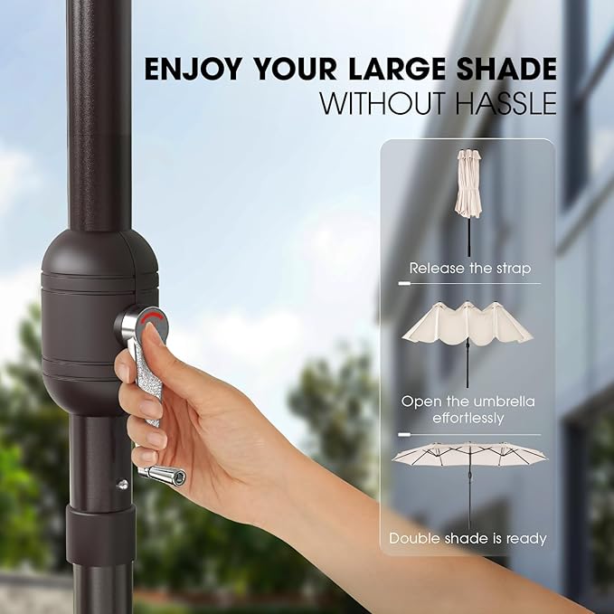 wikiwiki 15ft Large Patio Umbrellas with Base Included, Outdoor Double-Sided Umbrella with Crank Handle, Powerful UV Protective, for Pool Lawn Garden, Beige