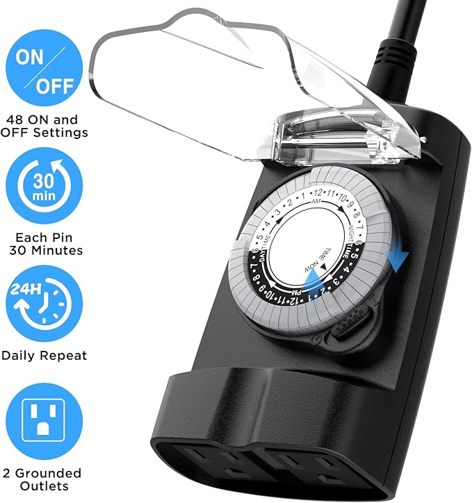 G-ELEK Outdoor Timer Outlet Waterproof, 24 Hour Outdoor Light Timer, Timers for Electrical Outlets, Ideal for Pool Pump, Christmas Lights, Heavy Duty, 2 Grounded Outlets, ETL Listed, 2 Pack