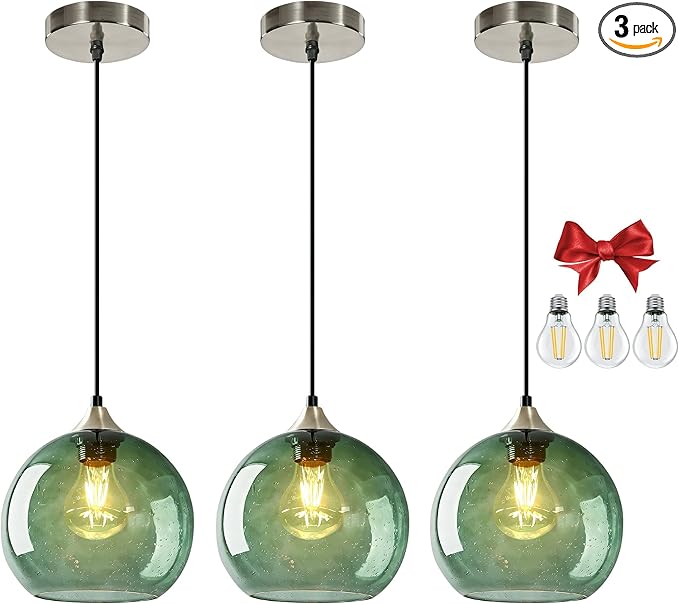 7.1in Medium Green Glass Pendant Light for Kitchen Island, 3-Pack with Extra LED Bulbs & 4.92ft Adjustable Cord | Modern Minimalist Lighting for Dining Room, Living Room, Entryway